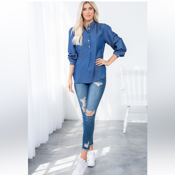 22 Boho Relaxed Denim Shirt with Button Front - Picture 3 of 6